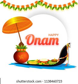 Feliz diseño de pancartas o afiches de Onam con olla de adoración, paraguas tradicionales, flores, ofrendas religiosas, hoja de plátano con bote de serpiente sobre fondo blanco decorado con guirnaldas de flores (toran). 