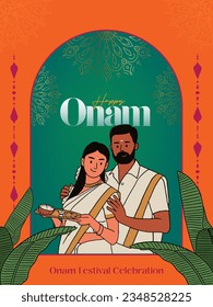 Happy Onam calligraphy with South Indian couple celebrating Onam festival editable vector illustration for the social media post, greeting card, and packaging. 