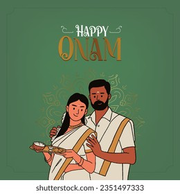 Happy Onam calligraphy with South Indian couple celebrating Onam festival editable vector illustration for the social media post, greeting card, and packaging. 