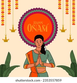 Happy Onam calligraphy with South Indian woman celebrating Onam festival editable vector illustration for the social media post, greeting card, and packaging. 