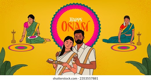Happy Onam calligraphy with South Indian people celebrating Onam festival editable vector illustration for the social media post, greeting card, and packaging. 