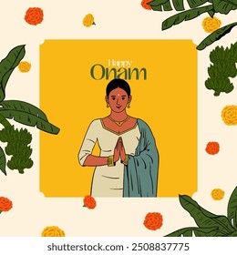 Happy Onam calligraphy with South Indian woman celebrating Onam festival editable vector illustration for the social media post, greeting card, and packaging.
