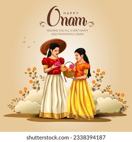 happy Onam celebration with abstract vector illustration design of Kerala girls with basket flower