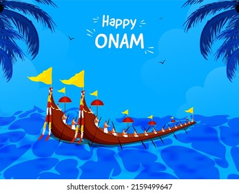 Happy Onam Celebration Concept With Aranmula Boat Race On Blue Background.