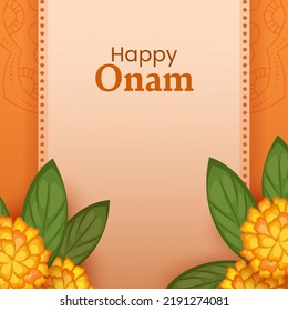 Happy Onam Celebration Concept With Marigold Flowers, Mango Leaves On Orange Background.