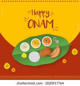 Happy Onam Celebration Concept With Top View Of Sadhya Food On Red And Yellow Background.