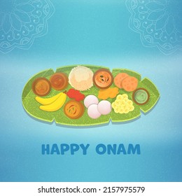 Happy Onam Celebration Concept With Traditional Sadya Against Blue Background.