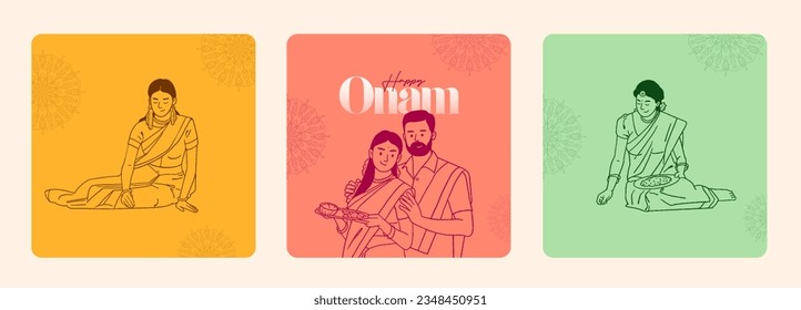 Feliz celebración de Onam con editables elementos vectoriales ilustran el boceto del pueblo del sur de India y el diseño de plantillas de diseño de publicaciones en medios sociales. 