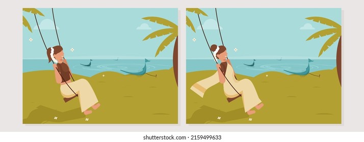 Happy Onam Celebration Greeting Cards With Young Lady Swinging On Nature View.