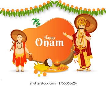 Happy Onam Celebration Poster Design with Cheerful King Mahabali, Vamana Avatar, Aranmula Boat, Coconut, Banana and Worship Plate on White Background.