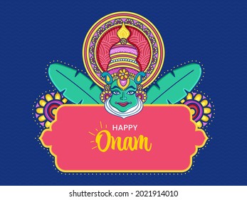 Happy Onam Celebration Poster Design With Kathakali Dancer Face And Banana Leaves On Blue Background.