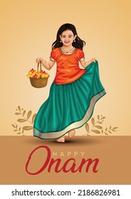 happy Onam celebration with vector illustration design of Kerala girl running with basket flower