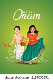 happy Onam celebration with vector illustration design of Kerala girl and boy running with basket flower