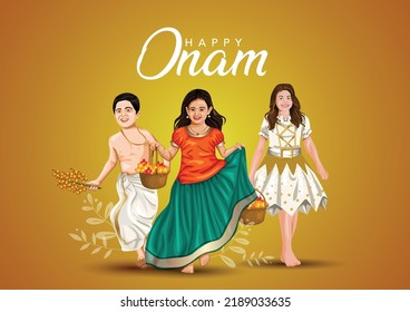 happy Onam celebration with vector illustration design of Kerala girl and boy running with basket flower