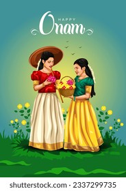 happy Onam celebration with vector illustration design of Kerala girls with basket flower