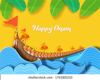 Happy Onam Concept with Aranmula Boat Race, Paper Cut Water Waves and Banana Leaves Decorated on Yellow Background.