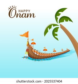 Happy Onam Concept With Vallam Kali (Snake Boat) And Coconut Tree On Blue And White Background.