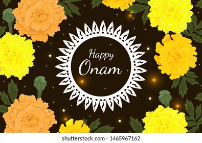 Happy onam congratulatory banner with a frame of marigolds. Vector graphics.