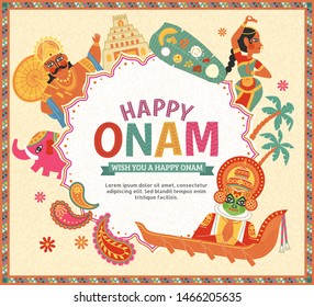 Happy Onam design with Mahabali king and kathakali dancer