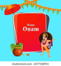 Happy Onam festival background with illustration of King Mahabali, Traditional Umbrella and Worship Pot (Kalash) for celebration concept.