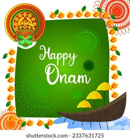 Happy Onam festival background. Kerala festival vector background with kathakali face.