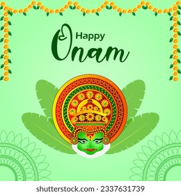 Happy Onam festival background. Kerala festival vector background with kathakali face.