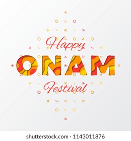 happy onam festival banner design layout with paper cut colorful layered text. vector illustration for greeting cards, posters, invitations, brochures