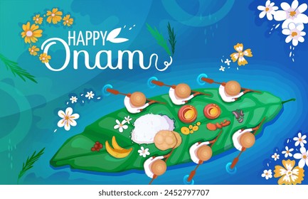 Happy Onam Festival. Banner with inscription and traditional Indian food on banana leaf floating on river. Greeting card for religious holiday of Kerala, South India. Cartoon flat vector illustration