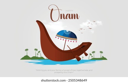 Happy Onam Festival Banner and Wish. Onam Background and Greeting Card with Text and Onam Boat Race Vector Illustration.