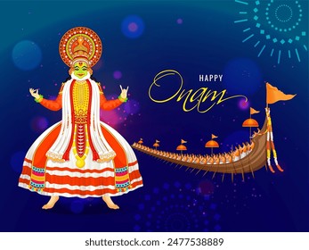 Happy Onam festival celebration poster or banner design with illustration of Kathakali dancer and Aranmula boat race on shiny brown abstarct background. 