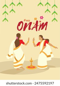 Happy Onam Festival Celebration template design With Kerala Women in Traditional dress dancing together.