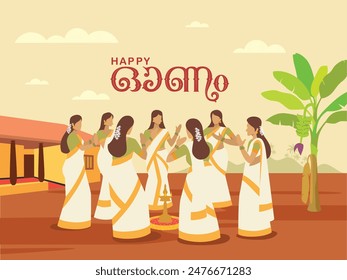 Happy Onam Festival Celebration template design With Kerala Women in Traditional dress dancing together. Onam Written in Malayalam Language.