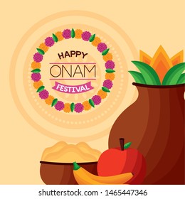 happy onam festival coconut drink fruits vector illustration