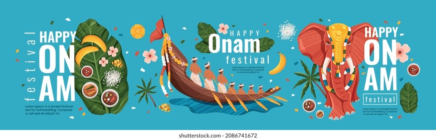 Happy Onam Festival concept. Colorful vertical banner with elephant, boat with Indians, traditional food on leaf and inscriptions. Design element for greeting cards. Cartoon flat vector collection