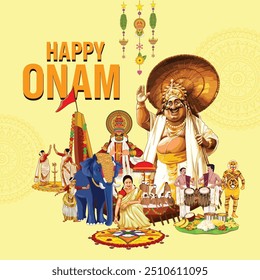 Happy Onam Festival concept, Happy Onam Post and Greeting Card, Kerala festival happy onam with people making flower decoration.