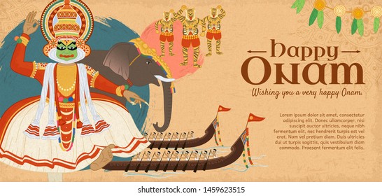 Happy Onam festival with dancer and snake race boat activities Happy Onam festival with dancer and snake race boat activities