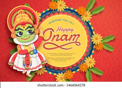 Happy Onam festival design with cute Kathakali dancer and marigold decorations in paper art