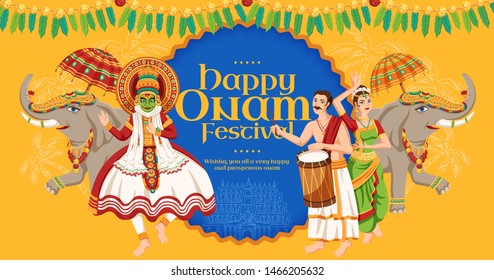 Happy Onam festival design with kathakali dancer and elephant procession on yellow background