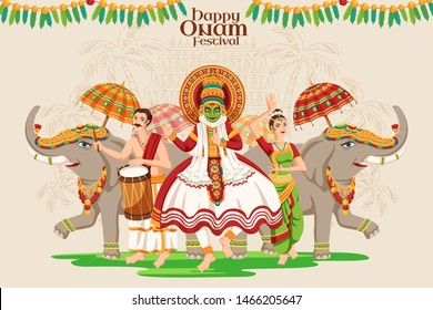 Happy Onam festival design with kathakali dancer and elephant procession on beige background