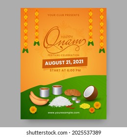 Happy Onam Festival Flyer Design With Delicious Sadhya Food On Orange And Green Background.