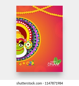 Happy Onam festival greeting card design with illustration of Kathakali Dancer Face and Floral Garland on grey background.