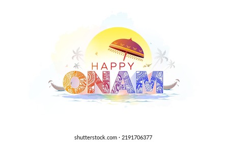 Happy Onam Festival Greeting Card Design. Onam Text With Boat And River Background.