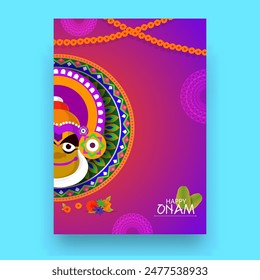 Diseño de tarjeta de felicitación del festival Happy Onam con ilustración de Kathakali Dancer Face y Guirnalda floral sobre fondo rosa.