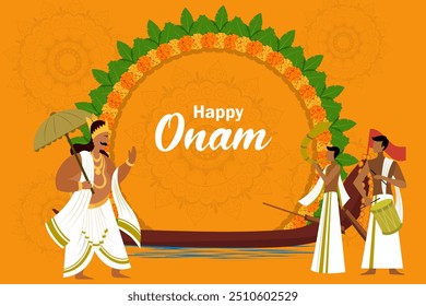 Happy Onam festival greetings with King Mahabali to mark the annual Hindu festival of Kerala, India in vector