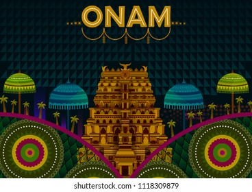 Happy Onam festival greetings to mark the annual Hindu festival of Kerala, India in vector