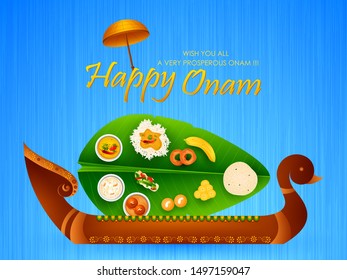 Happy Onam festival greetings to mark the annual Hindu festival of Kerala, India in vector