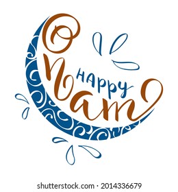 Happy Onam festival hand drawn greeting lettering. Indian holiday. Modern brush ink calligraphy isolated on white background. Vector illustration for card, banner, poster, header, title, emblem, label