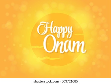 Happy Onam Festival Holiday Vector Background On Big Yellow Sun with Flair and Bokeh