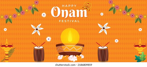 Feliz Festival Onam de Diseño Horizontal de Banner. ilustración vectorial de Onam, festival del sur de la India 