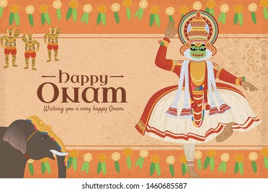 Happy Onam festival with Kathakali dancer and elephant procession